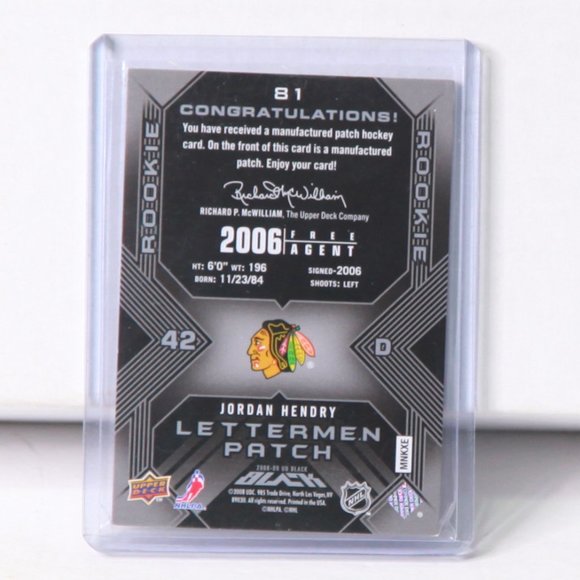 Jordan Hendry UD Black Lettermen Patch Card 2008/09 Chicago Blackhawks - Picture 2 of 2